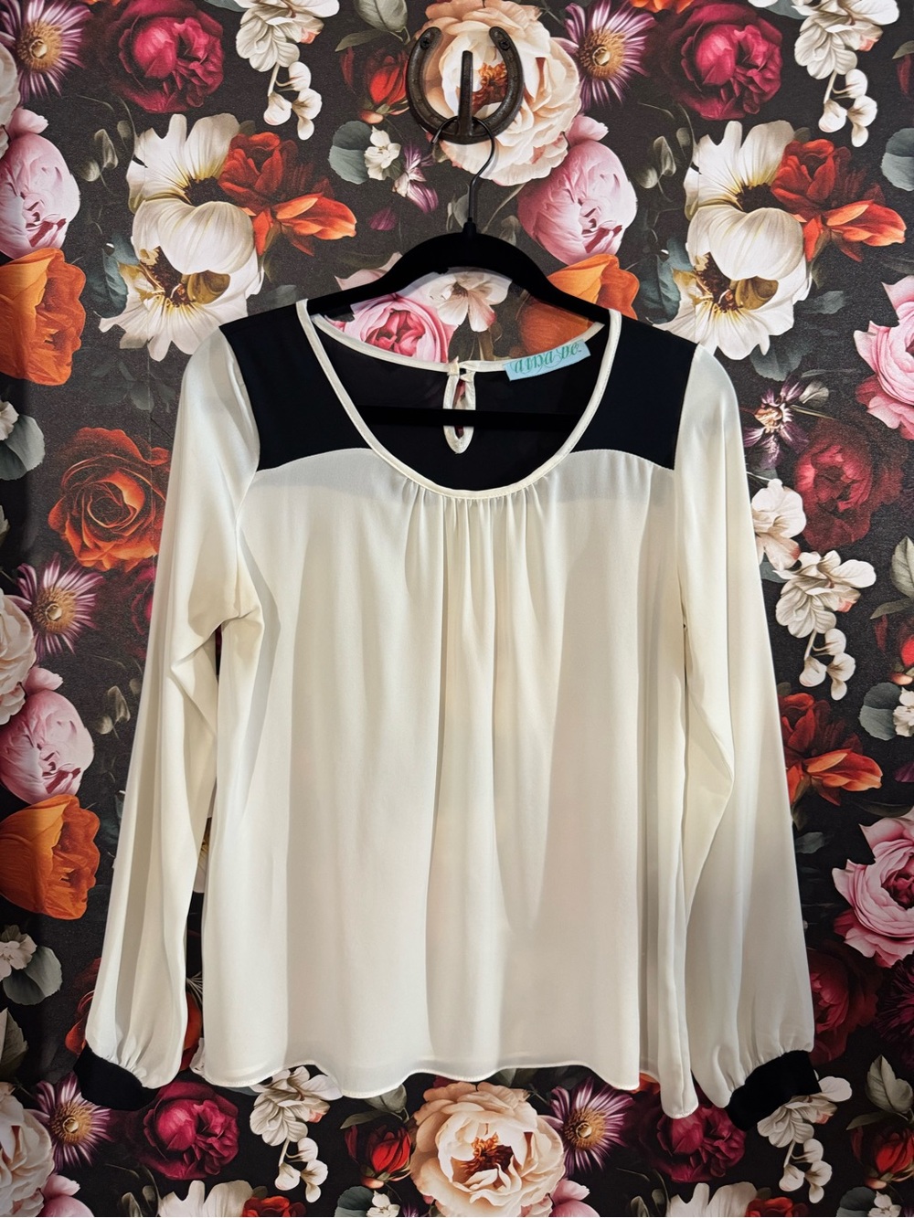 Francesca’s Cream Blouse with Black Contrast Yoke & Sleeve Trim, Medium